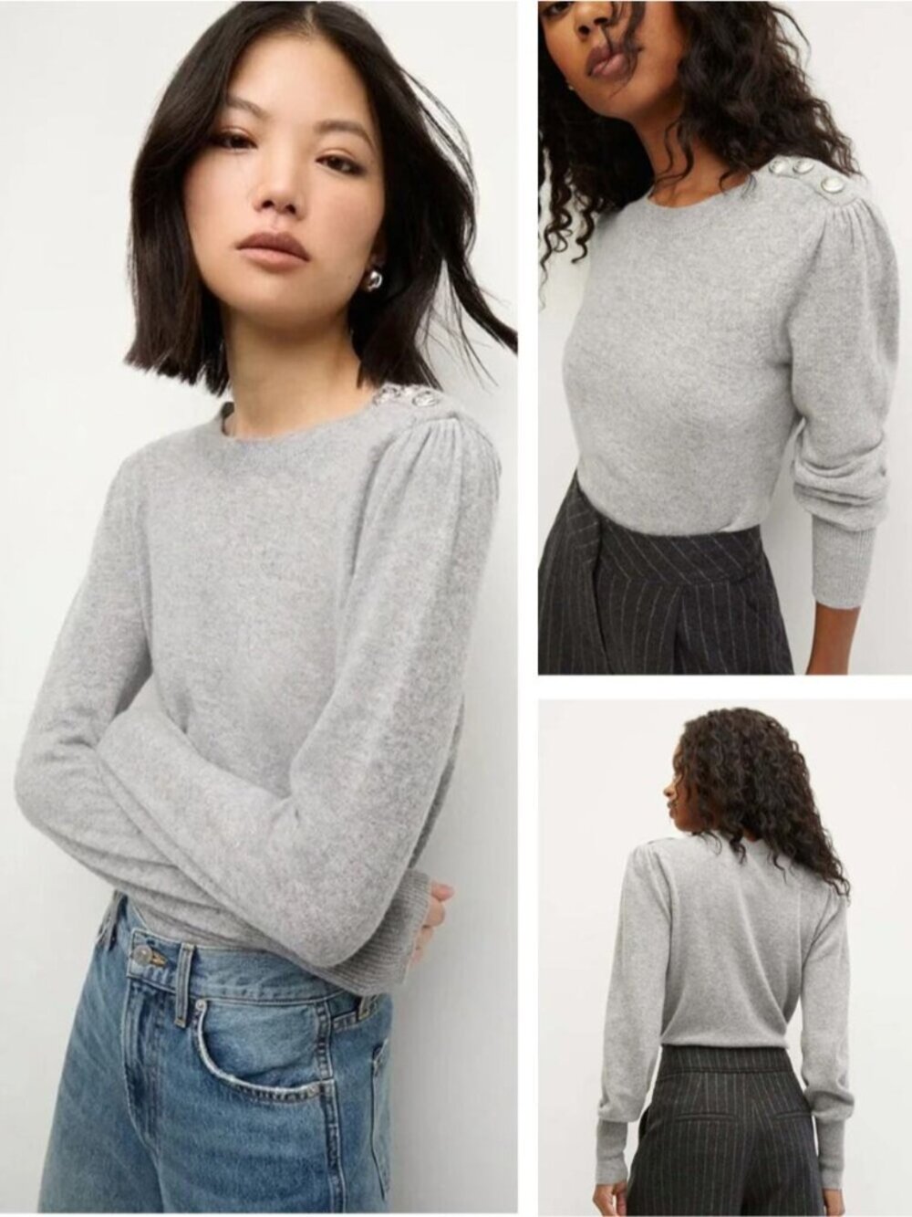 VERONICA BEARD Nelia Cashmere Sweater With Button Accents Size XS Gray